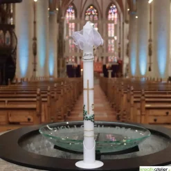 Kommunionkerze Efeuranke grün mit Kreuz und Kelch, weiß, schlank, handverziert, Kommunionkerze mit Namen und Datum für