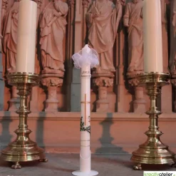 Kommunionkerze Efeuranke grün mit Kreuz und Kelch, weiß, schlank, handverziert, Kommunionkerze mit Namen und Datum für
