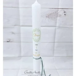 Kommunionkerze Eukalyphtuskranz mit Gold und christliche Symbole