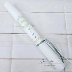 Kommunionkerze Eukalyphtuskranz mit Gold und christliche Symbole