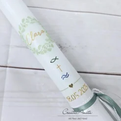 Kommunionkerze Eukalyphtuskranz mit Gold und christliche Symbole