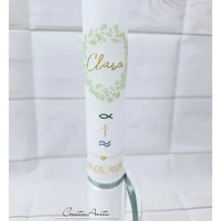 Kommunionkerze Eukalyphtuskranz mit Gold und christliche Symbole