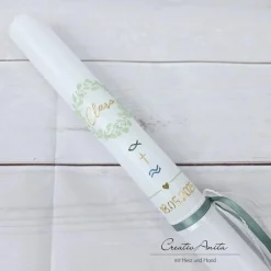 Kommunionkerze Eukalyphtuskranz mit Gold und christliche Symbole