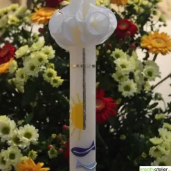 Kommunionkerze Fisch blau, Sonne, Kreuz aus Bienenwachs, handverziert und -geknetet, Kommunionkerze Jungen und Mädchen