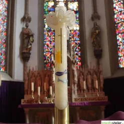 Kommunionkerze Fisch blau, Sonne, Kreuz aus Bienenwachs, handverziert und -geknetet, Kommunionkerze Jungen und Mädchen