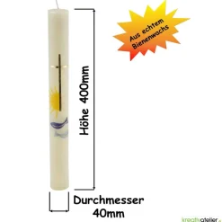 Kommunionkerze Fisch blau, Sonne, Kreuz aus Bienenwachs, handverziert und -geknetet, Kommunionkerze Jungen und Mädchen