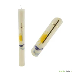 Kommunionkerze Fisch blau, Sonne, Kreuz aus Bienenwachs, handverziert und -geknetet, Kommunionkerze Jungen und Mädchen