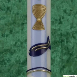 Kommunionkerze Fisch blau mit goldenem Kelch, handverziert, Kommunionkerze mit Namen und Datum, Kommunionkerze für Junge