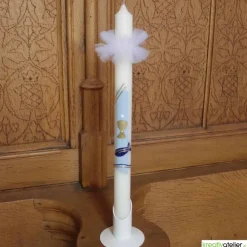 Kommunionkerze Fisch blau mit goldenem Kelch, handverziert, Kommunionkerze mit Namen und Datum, Kommunionkerze für Junge