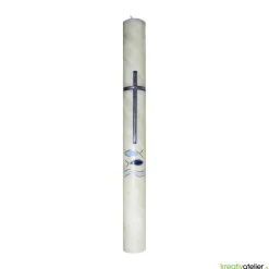 Kommunionkerze Fische blau mit Kreuz und Wellen aus Bienenwach, handverziert und -geknetet, Kommunionkerze für Jungen