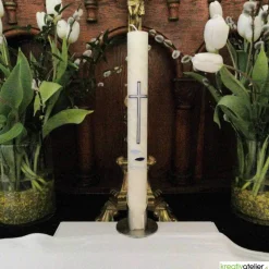 Kommunionkerze Fische blau mit Kreuz und Wellen aus Bienenwach, handverziert und -geknetet, Kommunionkerze für Jungen