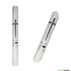 Kommunionkerze Fische blau mit Kreuz und Wellen aus Bienenwach, handverziert und -geknetet, Kommunionkerze für Jungen