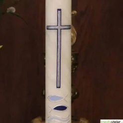 Kommunionkerze Fische blau mit Kreuz und Wellen aus Bienenwach, handverziert und -geknetet, Kommunionkerze für Jungen