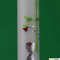 Kommunionkerze grün mit Kreuz, Kelch, und Weinrebe, handverziert, Kommunionkerze mit Namen und Datum, Kommunionkerze