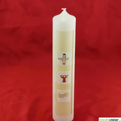 Kommunionkerze grün/gold mit Kreuz, Kelch und Wasser auf weißen Kacheln, handverziert, Kommunionkerze mit Namen und Datu