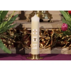 Kommunionkerze grün/gold mit Kreuz, Kelch und Wasser auf weißen Kacheln, handverziert, Kommunionkerze mit Namen und Datu