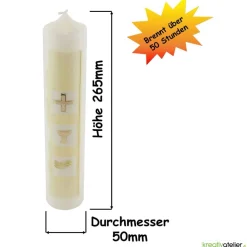 Kommunionkerze grün/gold mit Kreuz, Kelch und Wasser auf weißen Kacheln, handverziert, Kommunionkerze mit Namen und Datu