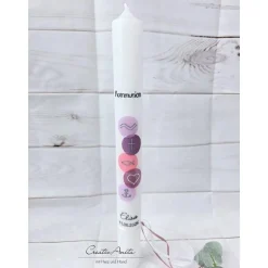 Kommunionkerze Kreise in Flieder-Rosa mit christlichen Symbolen