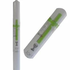 Kommunionkerze Kreuz grün-silber mit Taube, Fisch und Kelch, handverziert, Kommunionkerze Jungen und Mädchen, personalis