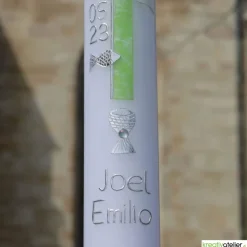 Kommunionkerze Kreuz grün-silber mit Taube, Fisch und Kelch, handverziert, Kommunionkerze Jungen und Mädchen, personalis