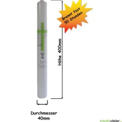 Kommunionkerze Kreuz grün-silber mit Taube, Fisch und Kelch, handverziert, Kommunionkerze Jungen und Mädchen, personalis