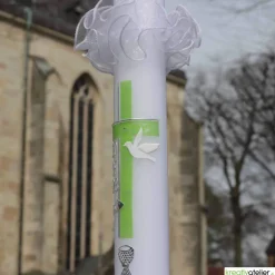 Kommunionkerze Kreuz grün-silber mit Taube, Fisch und Kelch, handverziert, Kommunionkerze Jungen und Mädchen, personalis