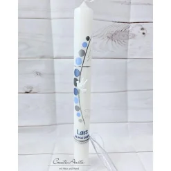 Kommunionkerze Kreuz mit Kreise in Blau-Silber mit christlichen Symbolen Taube, Fische und Wasser
