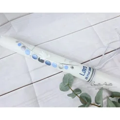 Kommunionkerze Kreuz mit Kreise in Blau-Silber mit christlichen Symbolen Taube, Fische und Wasser