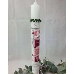 Kommunionkerze Quadrate in Beere-Rosa mit christlichen Symbolen