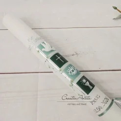 Kommunionkerze Quadrate mit Waldgrün-Grün-Grau-Eukalypthus mit christlichen Symbolen