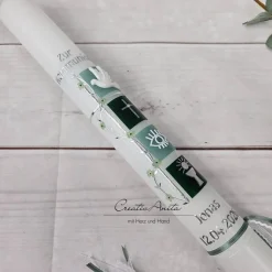 Kommunionkerze Quadrate mit Waldgrün-Grün-Grau-Eukalypthus mit christlichen Symbolen