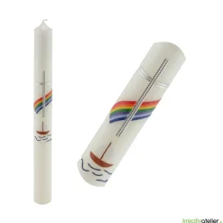 Kommunionkerze Regenbogen und Segelschiff in elfenbein, handverziert, Kommunionkerze mit Namen und Datum, für Jungen und