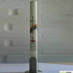 Kommunionkerze Regenbogen und Segelschiff in elfenbein, handverziert, Kommunionkerze mit Namen und Datum, für Jungen und