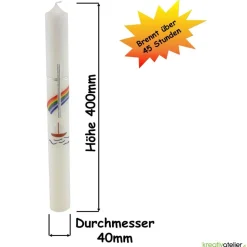 Kommunionkerze Regenbogen und Segelschiff in elfenbein, handverziert, Kommunionkerze mit Namen und Datum, für Jungen und