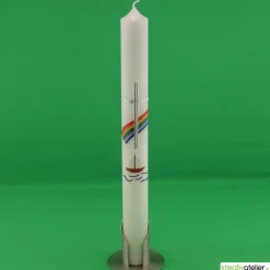 Kommunionkerze Regenbogen und Segelschiff in elfenbein, handverziert, Kommunionkerze mit Namen und Datum, für Jungen und