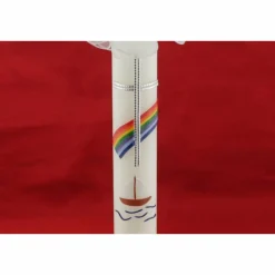 Kommunionkerze Regenbogen und Segelschiff in elfenbein, handverziert, Kommunionkerze mit Namen und Datum, für Jungen und