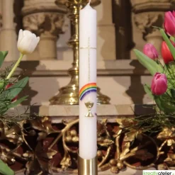 Kommunionkerze Regenbogen, Kreuz und Kelch, gold, handverziert, Kommunionkerze mit Namen und Datum, Kommunionkerze Junge