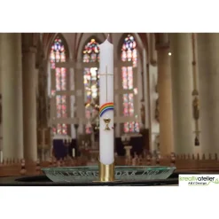 Kommunionkerze Regenbogen, Kreuz und Kelch, gold, handverziert, Kommunionkerze mit Namen und Datum, Kommunionkerze Junge