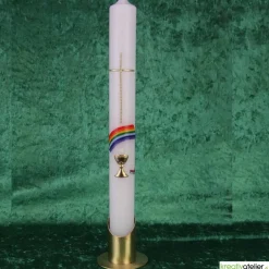 Kommunionkerze Regenbogen, Kreuz und Kelch, gold, handverziert, Kommunionkerze mit Namen und Datum, Kommunionkerze Junge