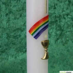 Kommunionkerze Regenbogen, Kreuz und Kelch, gold, handverziert, Kommunionkerze mit Namen und Datum, Kommunionkerze Junge