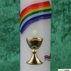 Kommunionkerze Regenbogen, Kreuz und Kelch, gold, handverziert, Kommunionkerze mit Namen und Datum, Kommunionkerze Junge