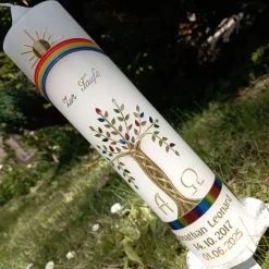 Kommunionkerze Taufkerze Mädchen Jungen Lebensbaum bunt gold Baum des Lebens  Name Datum Spruch individualisierbar 30x7