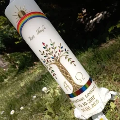 Kommunionkerze Taufkerze Mädchen Jungen Lebensbaum bunt gold Baum des Lebens  Name Datum Spruch individualisierbar 30x7