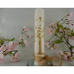 Kommunionkerze Taufkerze lang Mädchen Lebensbaum  gold Baum des Lebens Kreuz Schleife Name Datum individualisierbar 300/50 mm