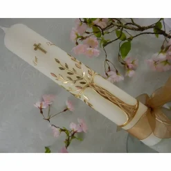 Kommunionkerze Taufkerze lang Mädchen Lebensbaum  gold Baum des Lebens Kreuz Schleife Name Datum individualisierbar 300/50 mm