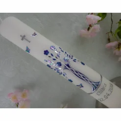 Kommunionkerze Taufkerze lang Mädchen Lebensbaum lila silber Baum des Lebens Kreuz Schmetterlinge Name Datum individualisierbar