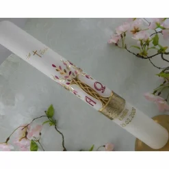 Kommunionkerze Taufkerze lang Mädchen Lebensbaum rosa gold Baum des Lebens Kreuz Alfa Omega Name Datum individualisierbar 400/50 mm