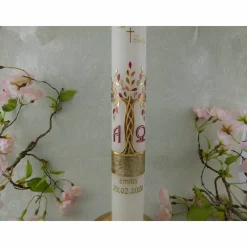 Kommunionkerze Taufkerze lang Mädchen Lebensbaum rosa gold Baum des Lebens Kreuz Alfa Omega Name Datum individualisierbar 400/50 mm