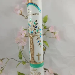 Kommunionkerze Taufkerze lang Lebensbaum Baum Jungen Name Datum individualisierbar 400/40 mm