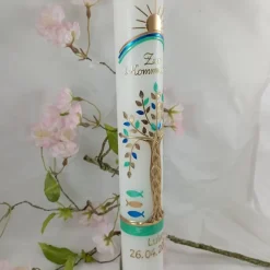 Kommunionkerze Taufkerze lang Lebensbaum Baum Jungen Name Datum individualisierbar 400/40 mm